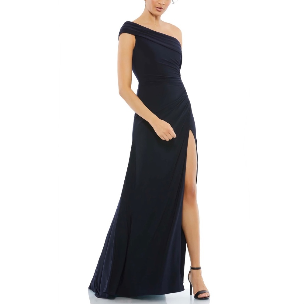 NEW Mac Duggal Fold Over Ruched One Shoulder Jersey Dress, Navy, size 4